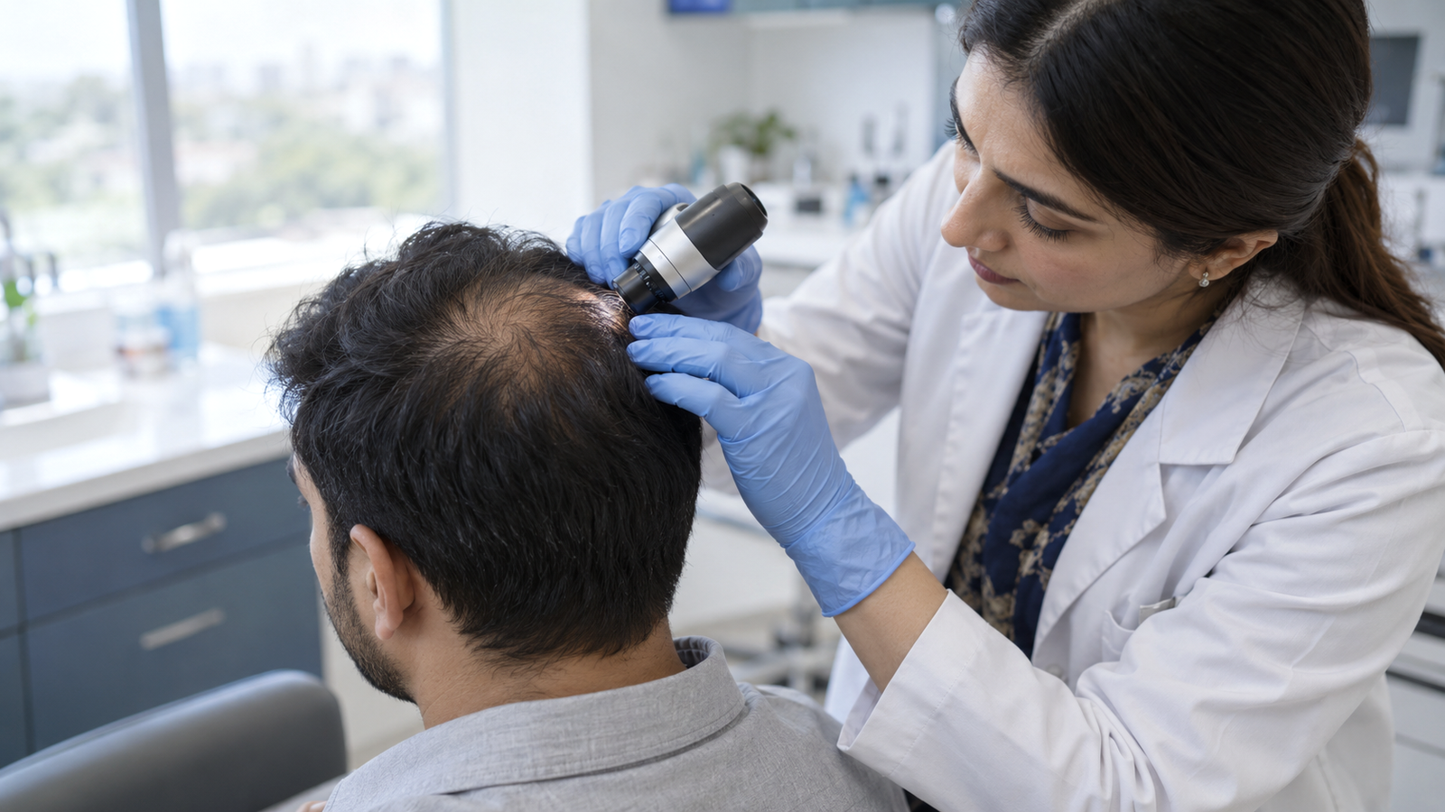 Scalp examination A scalp assessment helps identify the cause of hair thinning before choosing treatment.