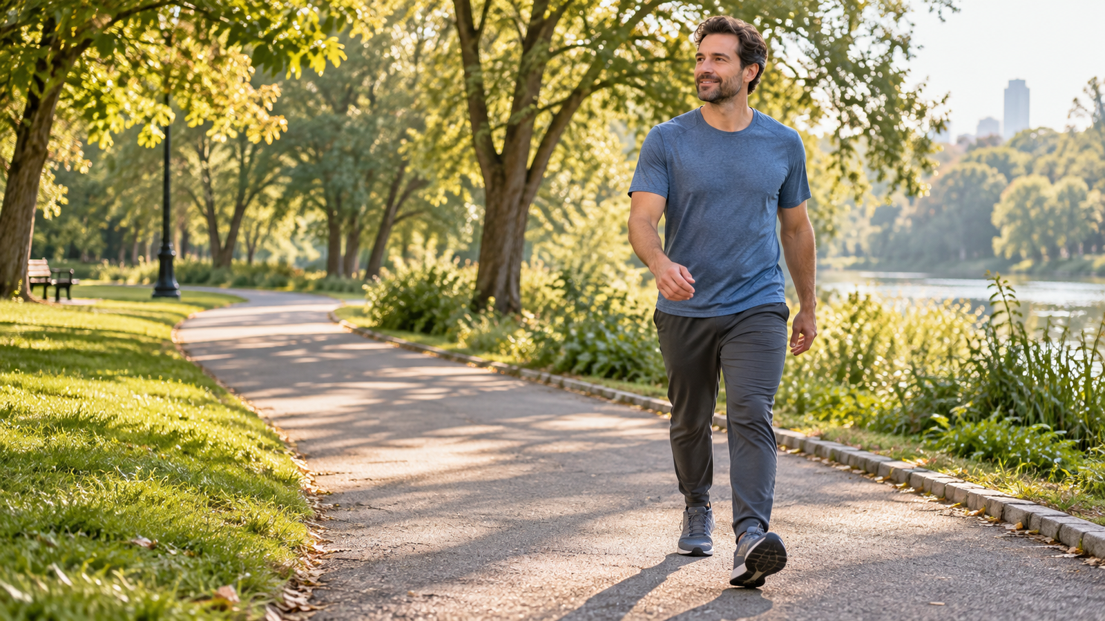 walking-2-miles-a-day-benefits Man walking along a tree-lined park path in soft morning sunlight.